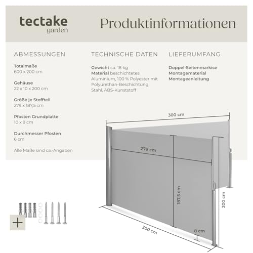 TecTake Doppel-Seitenmarkise Grau 200×600 cm - 6